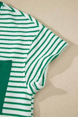Green Stripe Crew Neck Tee Drawstring Waist Cropped Pants Set