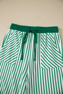 Green Stripe Crew Neck Tee Drawstring Waist Cropped Pants Set