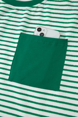 Green Stripe Crew Neck Tee Drawstring Waist Cropped Pants Set