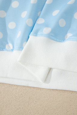 Sky Blue Polka Dot Print Color Block Trim Mock Neck Short Set