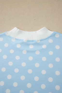 Sky Blue Polka Dot Print Color Block Trim Mock Neck Short Set