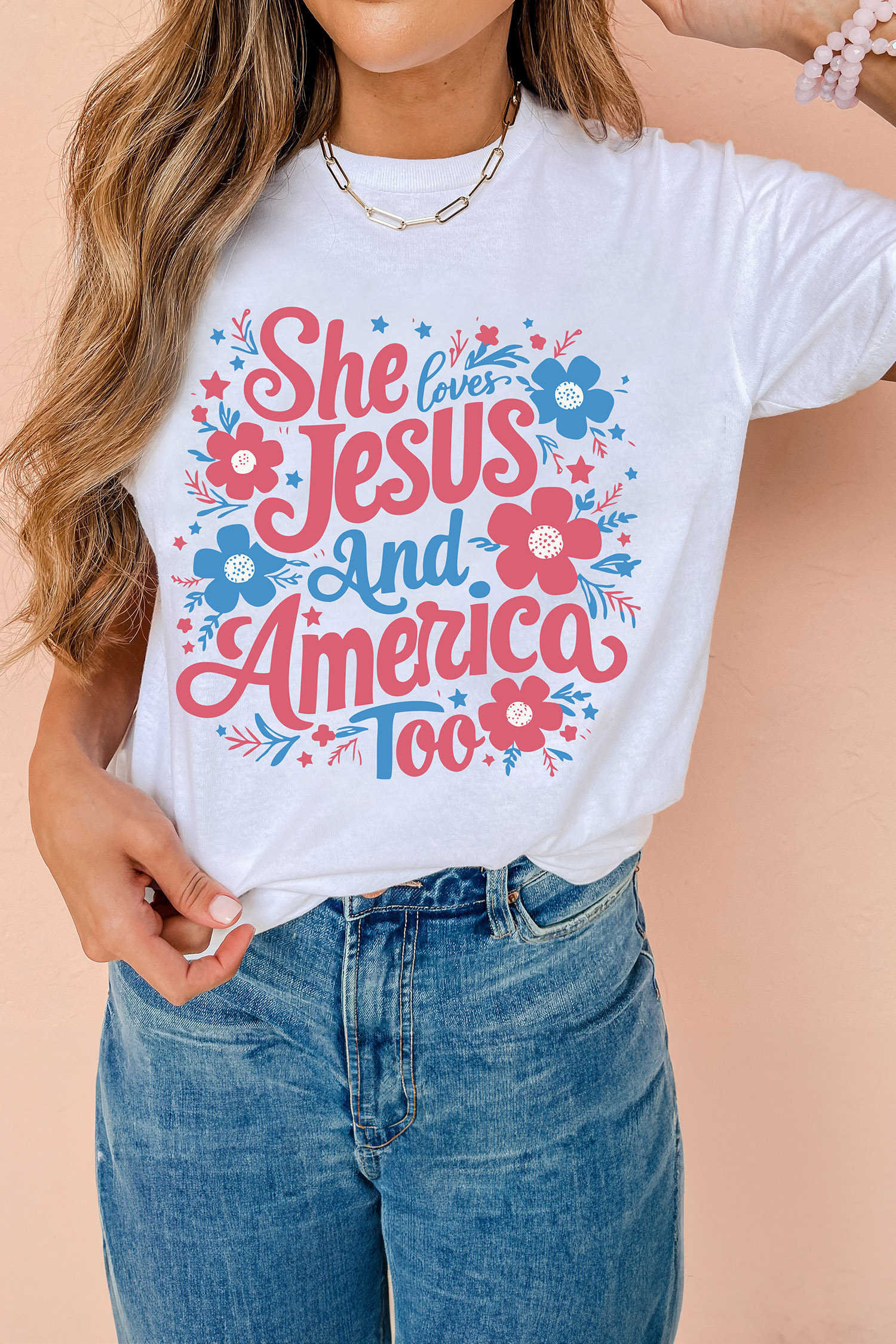 White She Loves Jesus And America Too Floral Graphic Tee