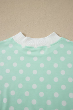 Green Polka Dot Print Color Block Trim Mock Neck Short Set