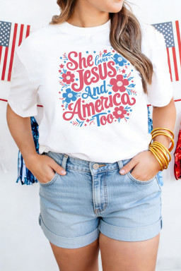 White She Loves Jesus And America Too Floral Graphic Tee