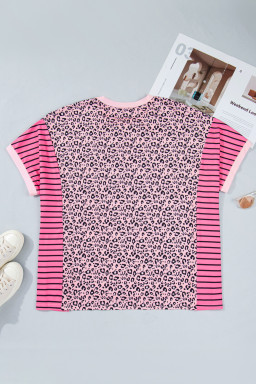 Pink Leopard Striped Contrast Patchwork Plus Size Tee