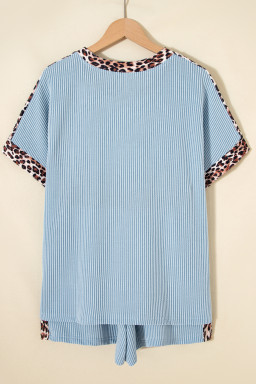 Sky Blue Leopard Trim Twist Ribbed Short Set