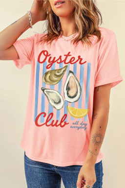 Pink Oyster Club Striped Print Casual Tee