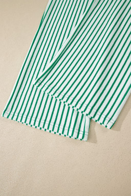 Green Stripe Crew Neck Tee Drawstring Waist Cropped Pants Set