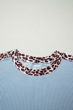 Sky Blue Leopard Trim Twist Ribbed Short Set