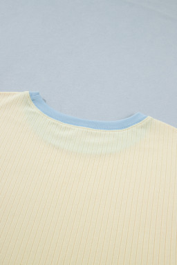 Yellow Cream Plus Size Ribbed Color Block Trim Drawstring Shorts 2pcs Set