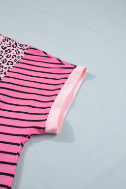 Pink Leopard Striped Contrast Patchwork Plus Size Tee