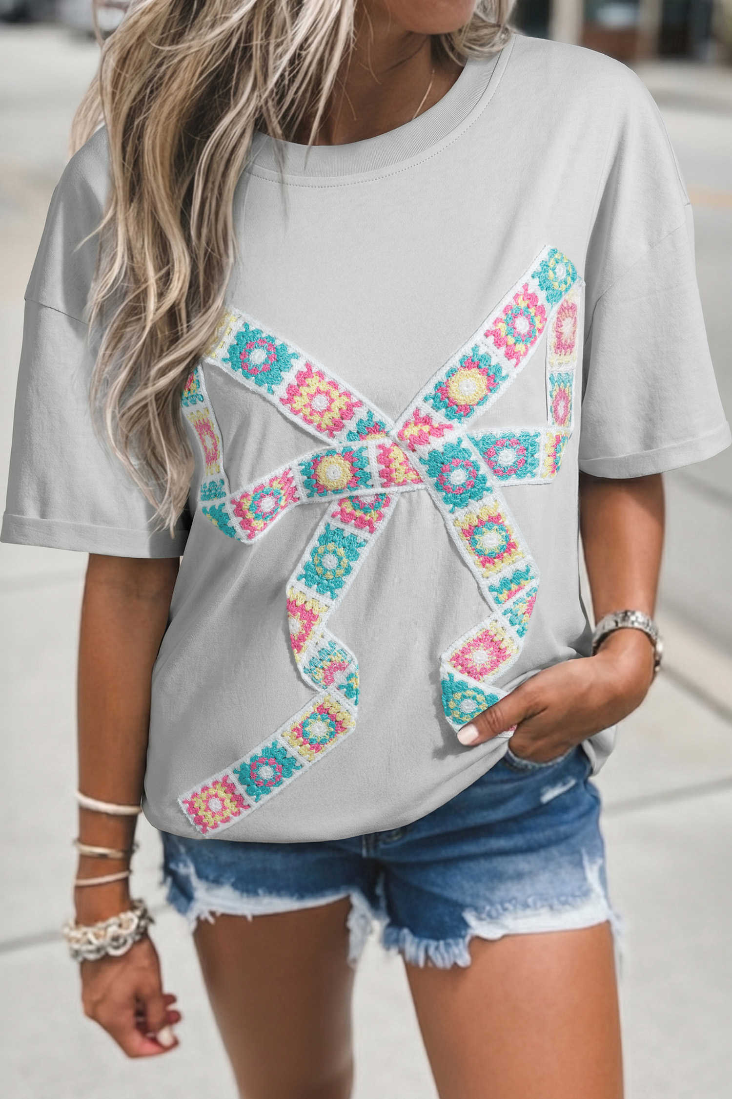Light Grey Floral Crochet Ribbon Bow Patched Cotton T Shirt