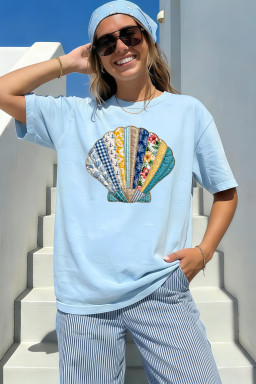 Light Blue Faux Patchwork Seashell Printed Casual T Shirt
