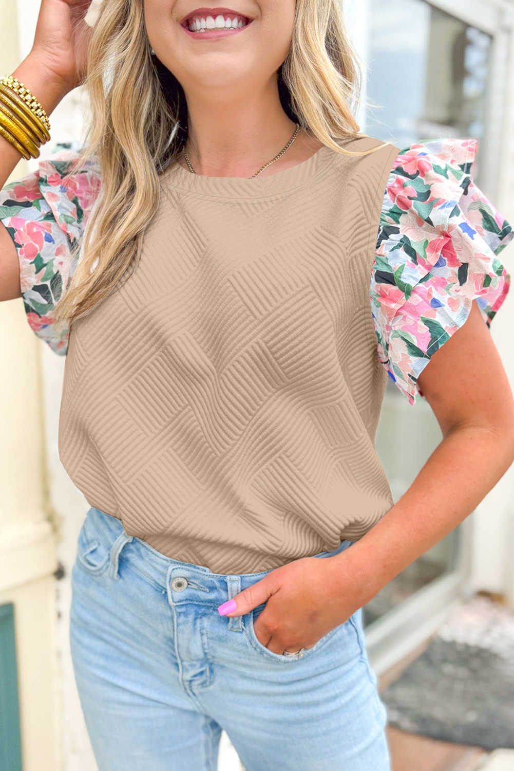Parchment Abstract Print Tiered Ruffled Sleeve Textured Knit Top