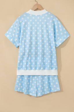 Sky Blue Polka Dot Print Color Block Trim Mock Neck Short Set
