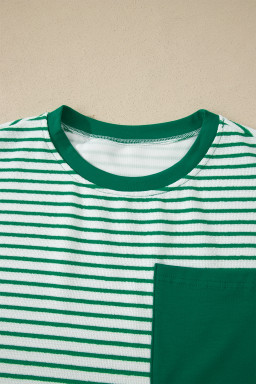 Green Stripe Crew Neck Tee Drawstring Waist Cropped Pants Set
