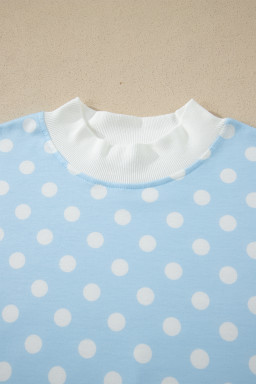 Sky Blue Polka Dot Print Color Block Trim Mock Neck Short Set