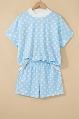 Sky Blue Polka Dot Print Color Block Trim Mock Neck Short Set