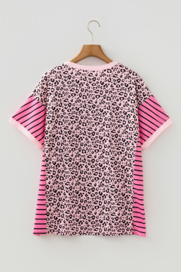 Pink Leopard Striped Contrast Patchwork Plus Size Tee