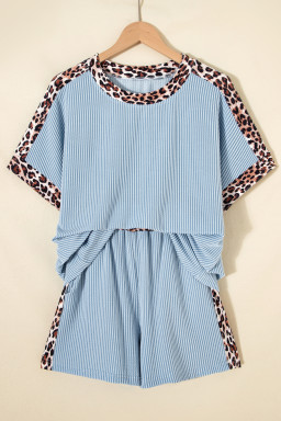 Sky Blue Leopard Trim Twist Ribbed Short Set