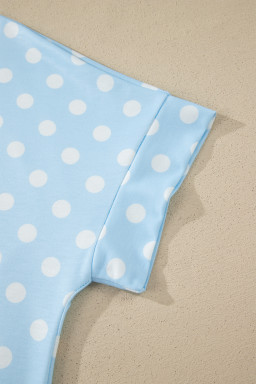 Sky Blue Polka Dot Print Color Block Trim Mock Neck Short Set