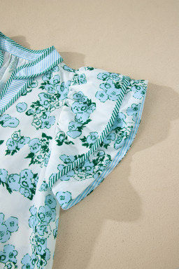 Green Floral Meets Stripes V Neck Flutter Sleeve Blouse