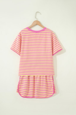 Pink Stripe Loose Short Sleeve Top and Skirt Set