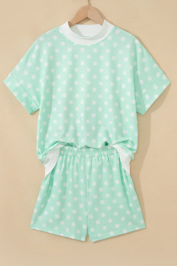 Green Polka Dot Print Color Block Trim Mock Neck Short Set
