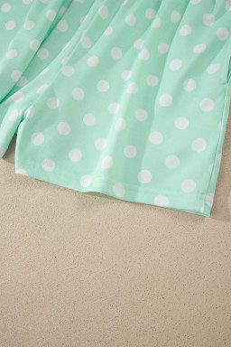 Green Polka Dot Print Color Block Trim Mock Neck Short Set