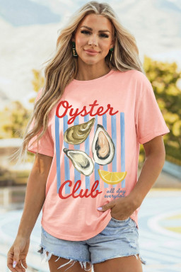 Pink Oyster Club Striped Print Casual Tee