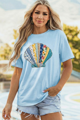 Light Blue Faux Patchwork Seashell Printed Casual T Shirt