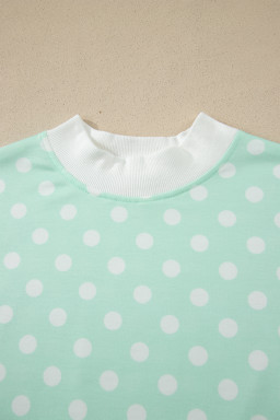 Green Polka Dot Print Color Block Trim Mock Neck Short Set