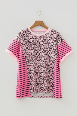 Pink Leopard Striped Contrast Patchwork Plus Size Tee