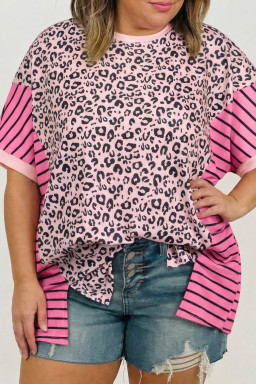 Pink Leopard Striped Contrast Patchwork Plus Size Tee