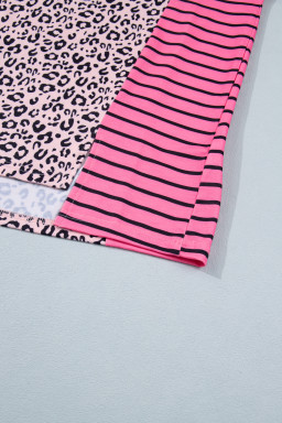 Pink Leopard Striped Contrast Patchwork Plus Size Tee