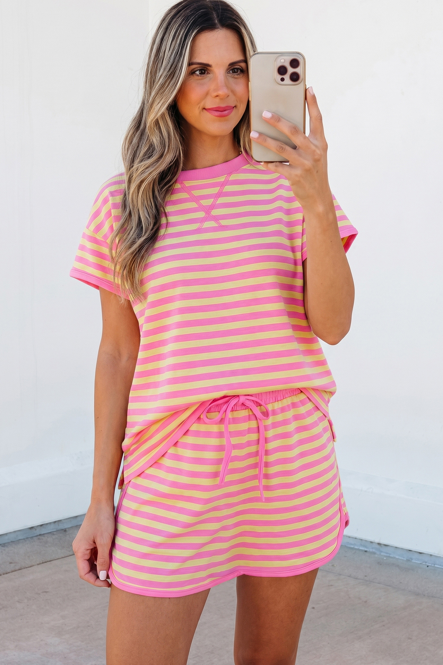 Pink Stripe Loose Short Sleeve Top and Skirt Set