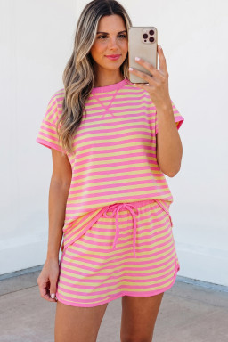 Pink Stripe Loose Short Sleeve Top and Skirt Set