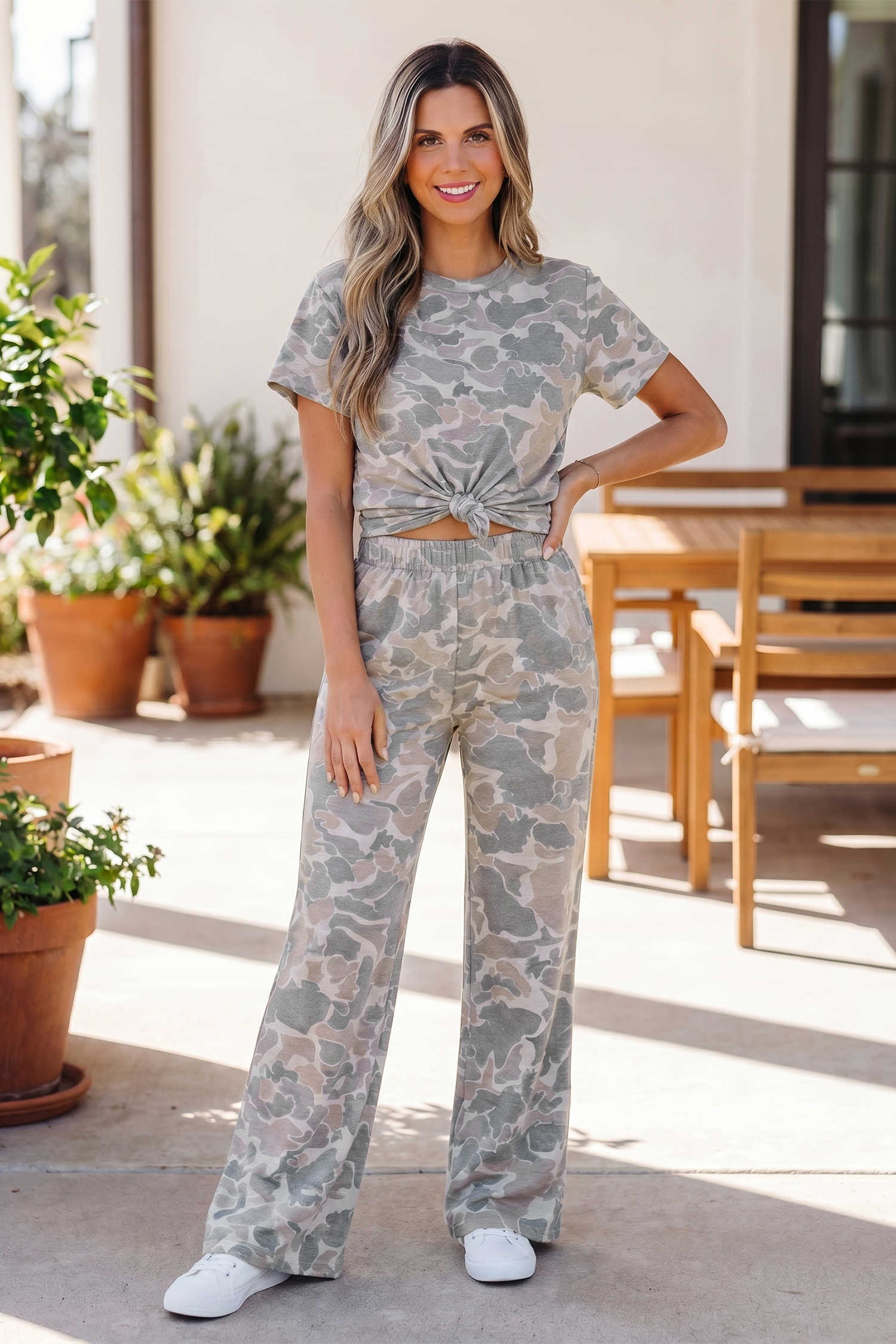 Multicolour Camouflage Short Sleeve Top and High Waist Wide Leg Pants Set