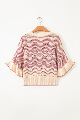 Beige Stripe Wavy Crochet Eyelet Detail Ruffle Half Sleeve Sweater