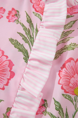 Pink Sweet Blooms Ruffle Striped Trim Puff Sleeve Shirt