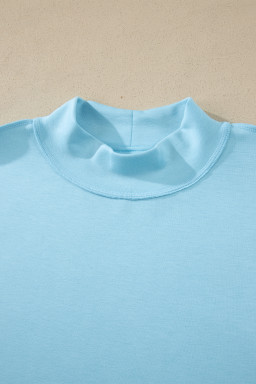 Mist Blue Solid Color Exposed Seam Mock Neck Oversize Tee Casual Shorts 2pcs Outfit