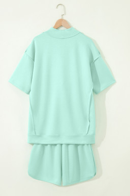 Moonlight Jade Solid Color Exposed Seam Mock Neck Oversize Tee Casual Shorts 2pcs Outfit