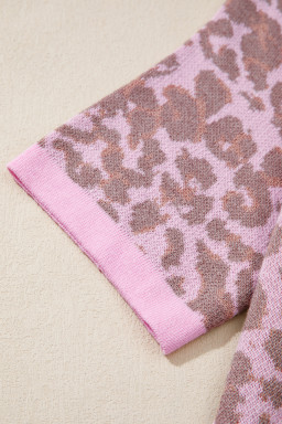 Pink Leopard Button Down Short Sleeve Sweater Cardigan