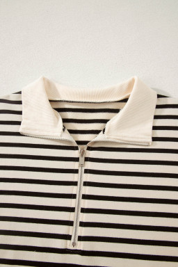 Black Stripe Ribbed Color Block Trim Zip Polo Tee Drawstring Shorts 2pcs Outfit