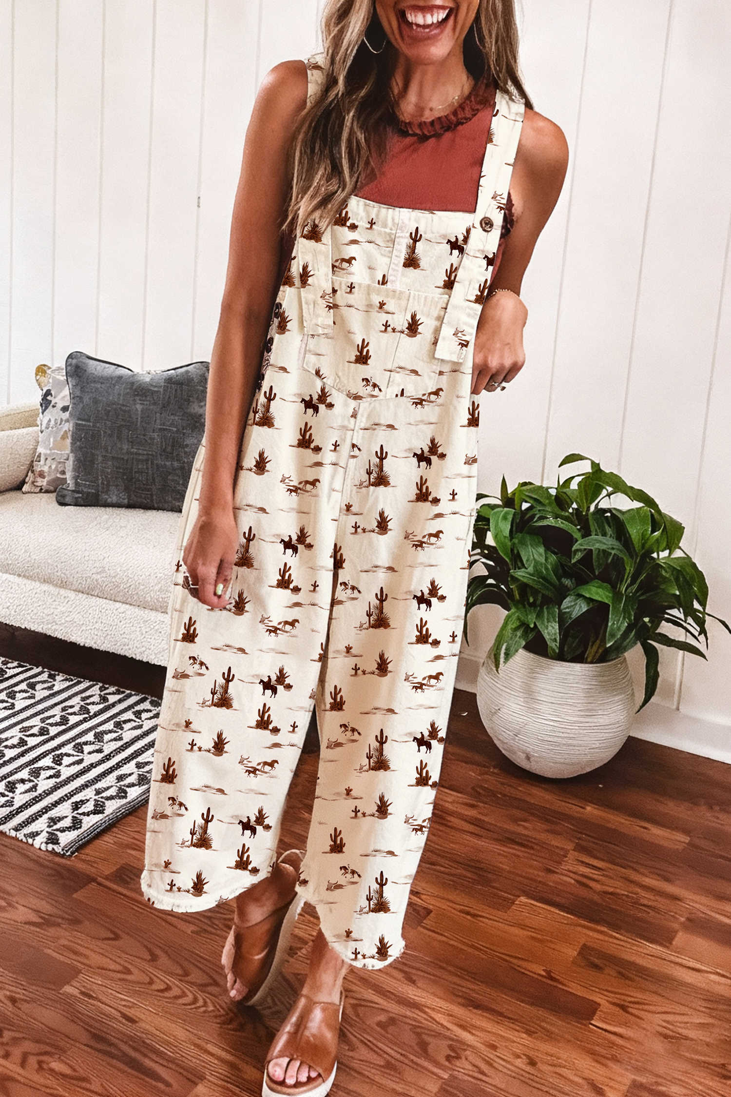 Beige Western Printed Button Adjustable Straps Loose Jumpsuit Dungarees