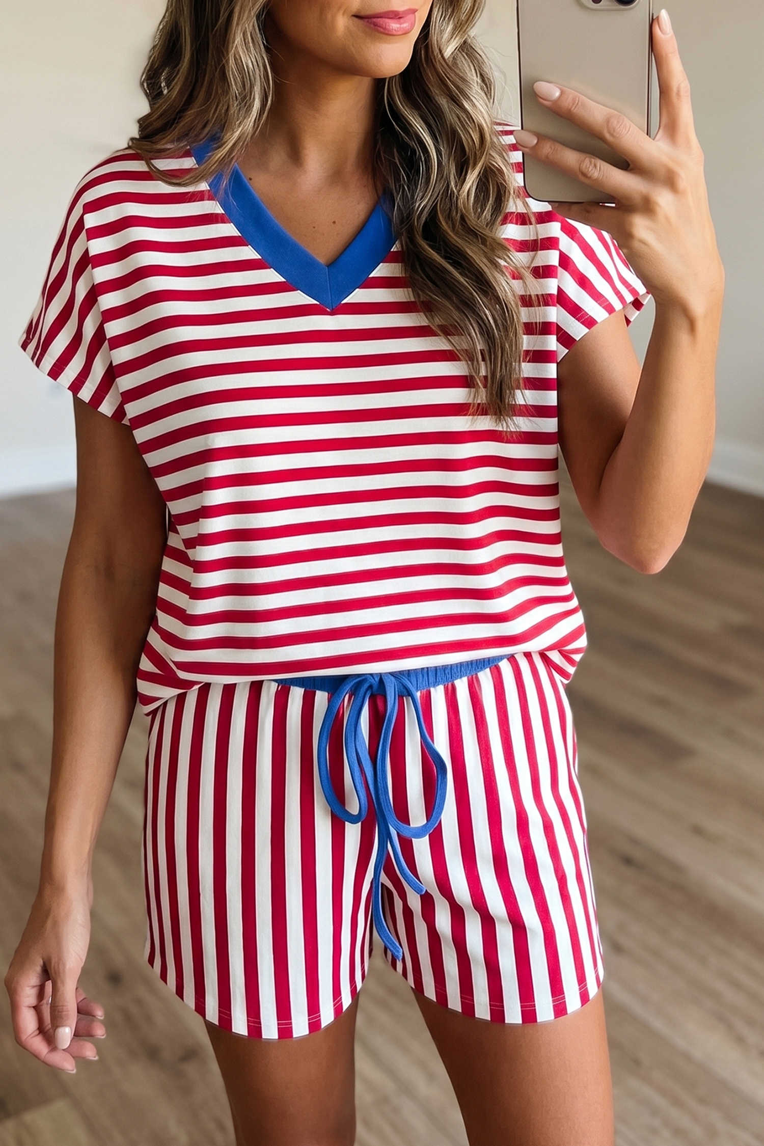 Red Stripe Colorblock Trim V Neck Tee Drawstring Elastic Waist Short Set