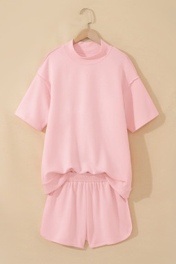 Light Pink Solid Color Exposed Seam Mock Neck Oversize Tee Casual Shorts 2pcs Outfit