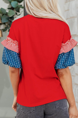 Fiery Red Patriotic Sequin Butterfly Contrast Short Sleeve Top