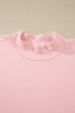 Light Pink Solid Color Exposed Seam Mock Neck Oversize Tee Casual Shorts 2pcs Outfit