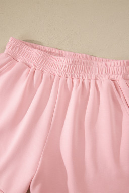 Light Pink Solid Color Exposed Seam Mock Neck Oversize Tee Casual Shorts 2pcs Outfit